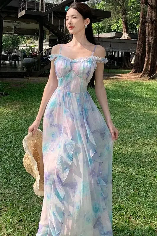 Francuska marszczona sukienka Boho Holiday Beach Dress Women Summer Off The Shoulder Backless Fairy Dress Sexy Evening Party Long Dresses