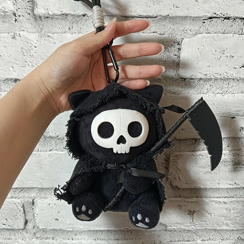Creative Death Cloak Cat Plush Doll Pendant Dark Wind Scythe Skull Kitten Personalized Halloween Bag Key Pendant Birthday Gift