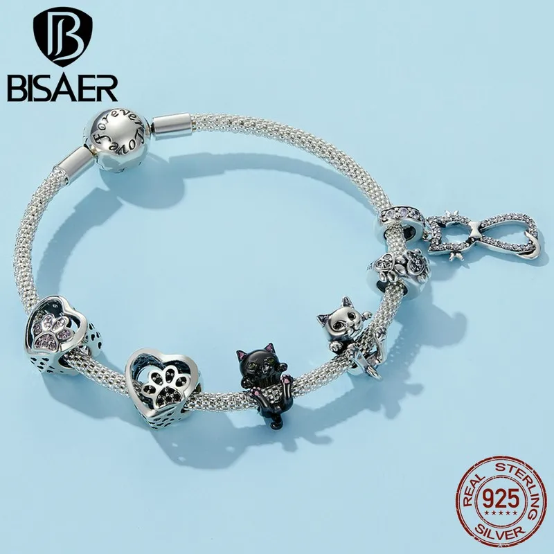 BISAER 925 Sterling Silver Charms Sleeping Cat Lazy Moon Story Pussy Animal Beads Pendant Fit Original Bracelet DIY Fine Jewelry