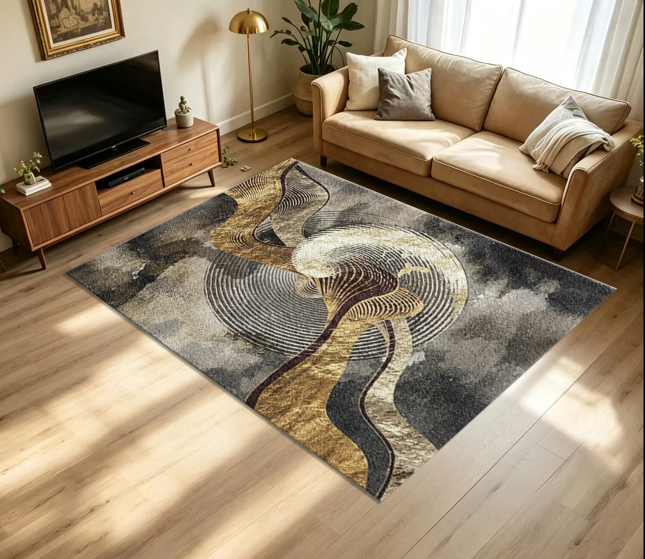 Black Gold Luxury Swirl Line Abstract Carpet Flooring Gilded Art Large Area Rug for Living Room Home Interior