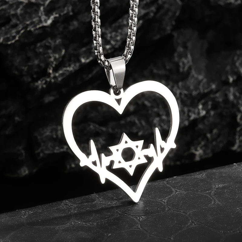 Stainless Steel Fashion Heart-Shaped Heartbeat Circuit Diagram Heart of David Necklace Men and Women Jewish Faith Jewelry