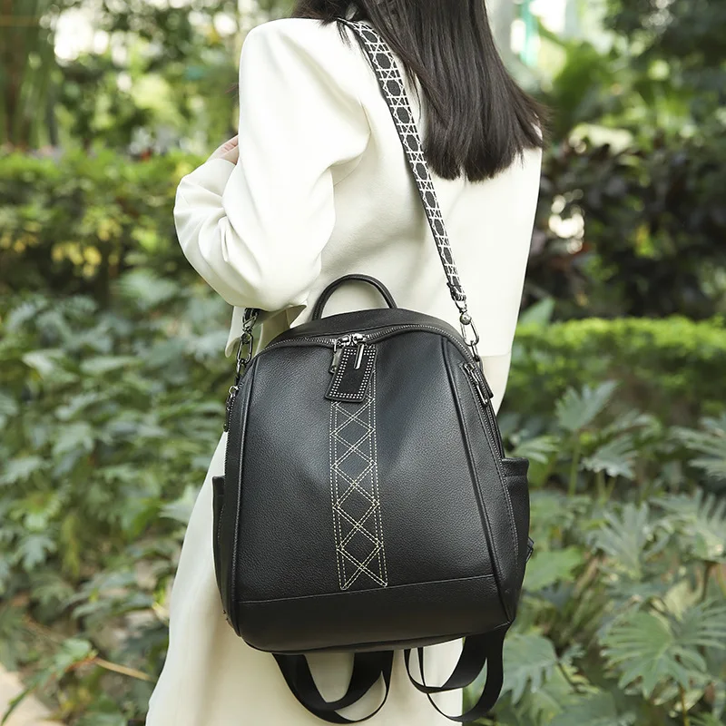 European and American new fashion soft leather student backpack retro travel ladies backpack large-capacity college style.
