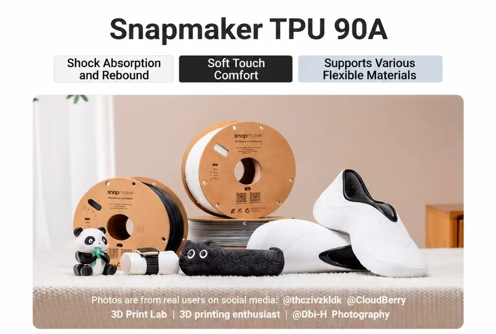 Snapmaker TPU 90A 3D Printer Filament 1KG Flexible Shock Absorbing Skin-Friendly for Snapmaker U1 High Speed Easy Print