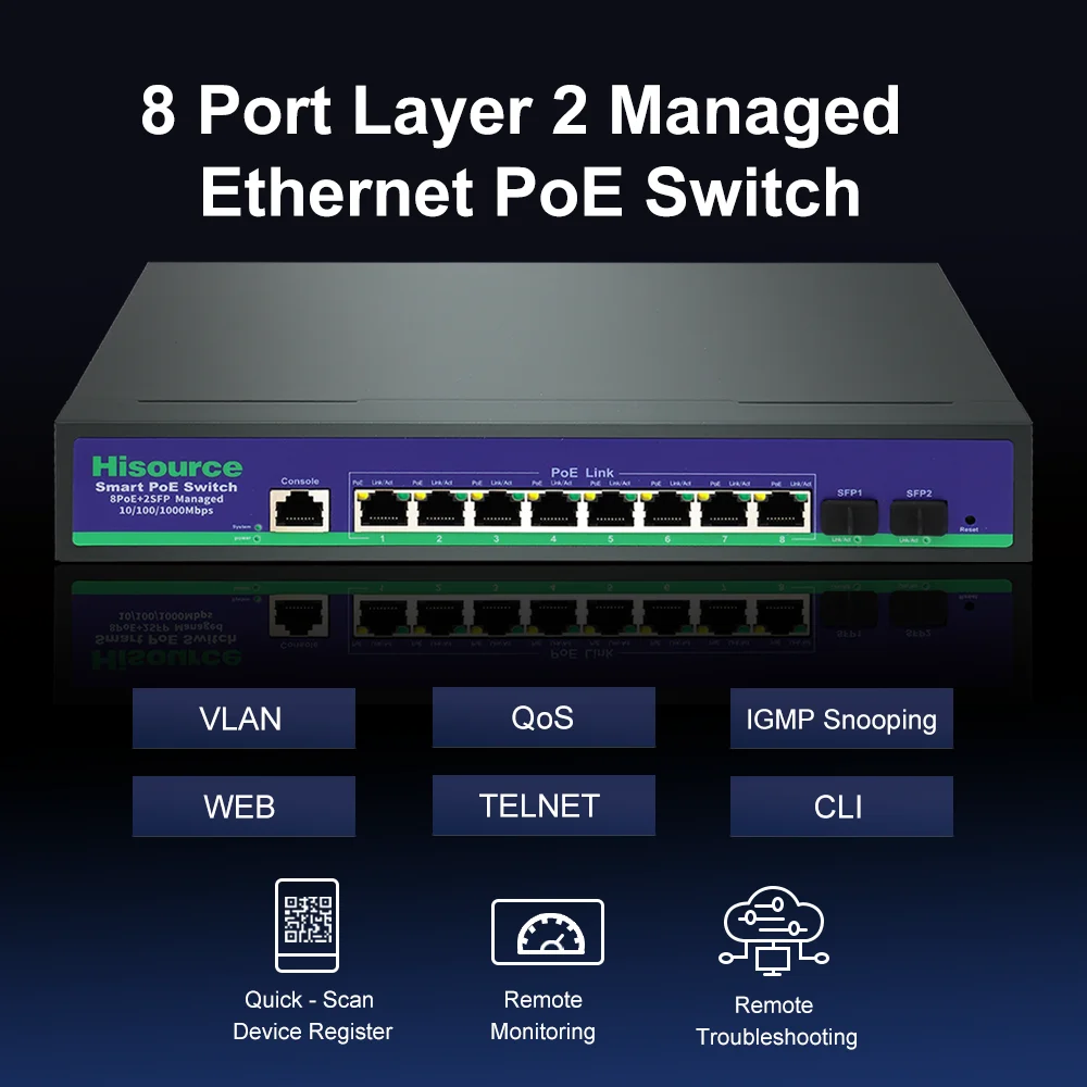 Hisource Active 8+2 Full Gigabit Managed PoE Switch, 120W L2 Ethernet Switch Support VLAN、QoS、IGMP