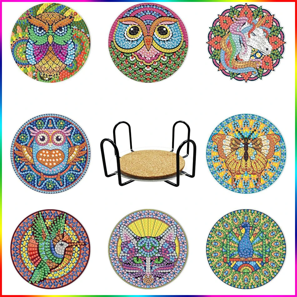 

PhotoCustom 8pcs Animal Diamond Coaster 5D DIY Crafts Diamond Painting Cup Mat Pad Rhinestone Embroidery Coaster Placemat Cup