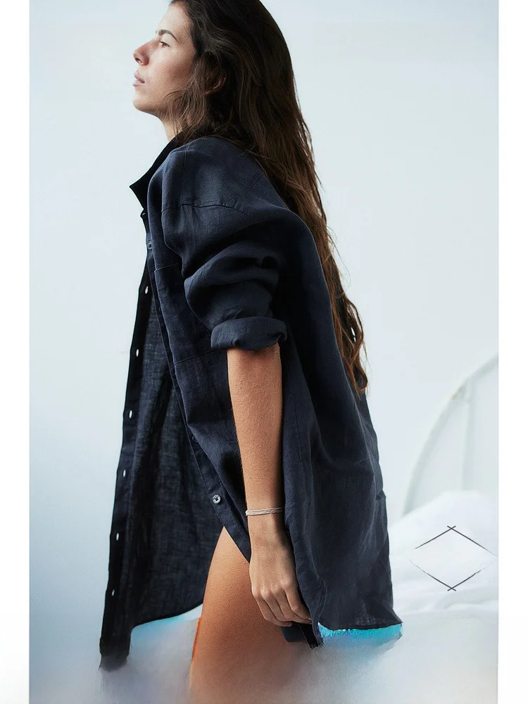 

H&M Women's Long Sleepwear Washed Linen Collared Home Clothes Summer Smoke Arc Hem 0811481 Comfortable Breathable Nightgown