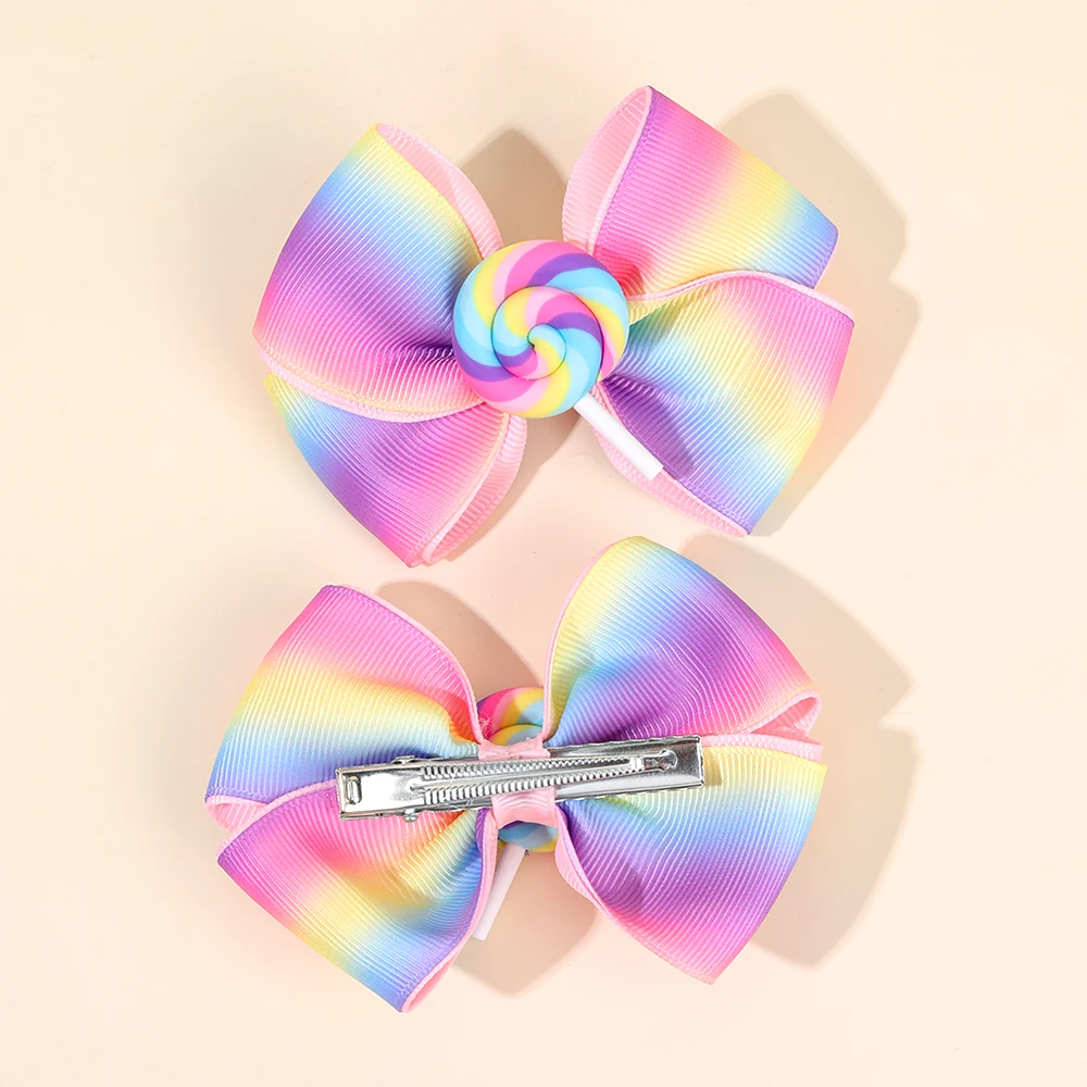 ncmama 2PCS Lovely Lollipop Hair Bow Clips Sweet Girls Candy Hairpins Rainbow Ribbon Bowknote Barrettes Kids Hair Accessories