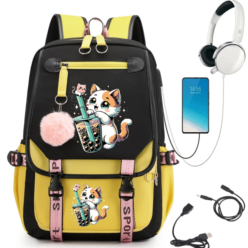 Kawaii Backpack Girl Teenager Mochila Travel School Backpack Black Pink Bagpack Boba Anime Cat School Bag Usb Mochilas Escolares