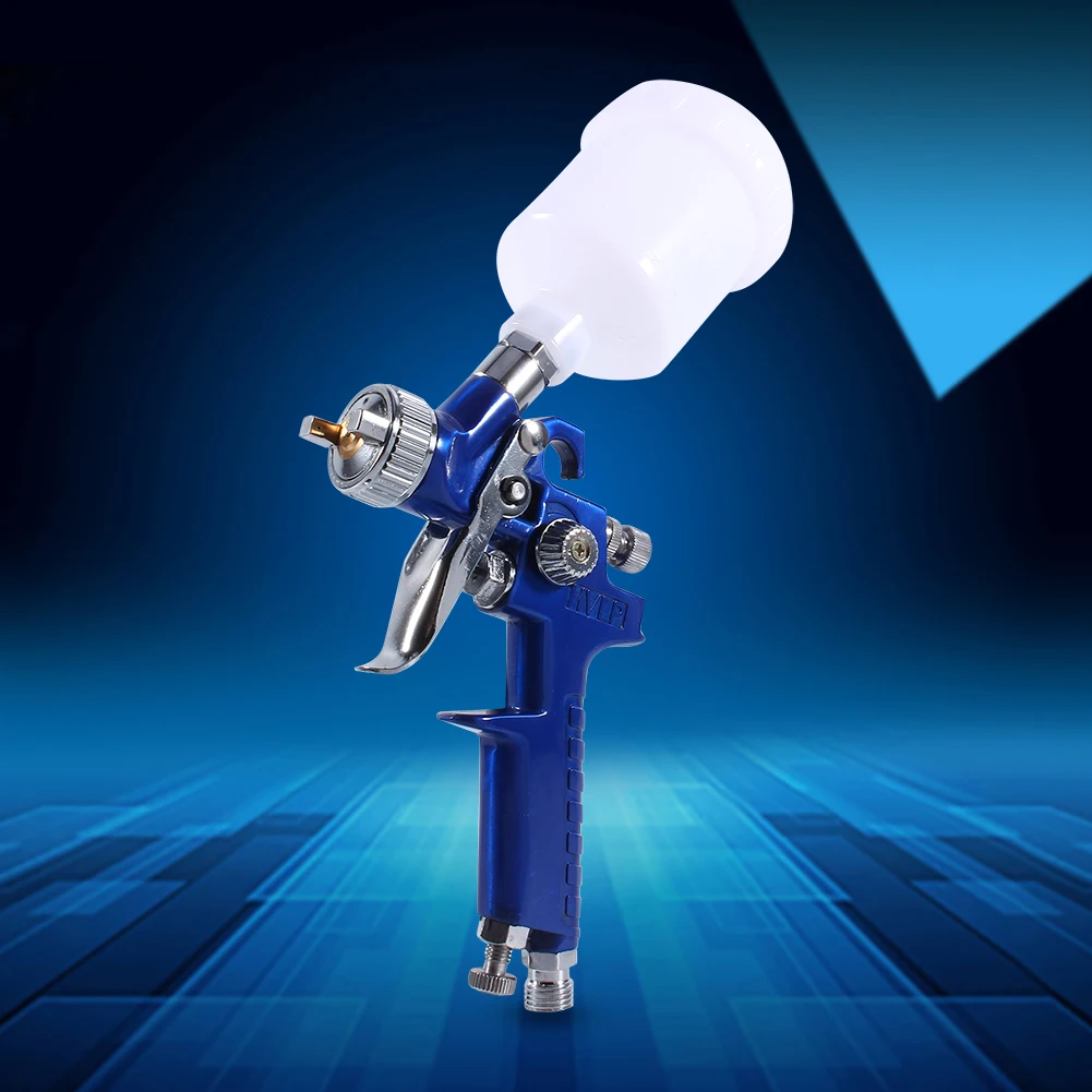 Mini pistola a spruzzo per vernice ad aria HVLP con alimentazione a gravità blu, ugello da 0,8 mm a bassa pressione, pistola a spruzzo pneumatica da 100 ml