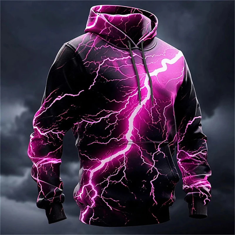 Vintage Men's Sweatshirts 3D Lightning Graphic Print Casual Hoodie Autumn Oversized Clothing Harajuku Oversized Hooded Pullovers