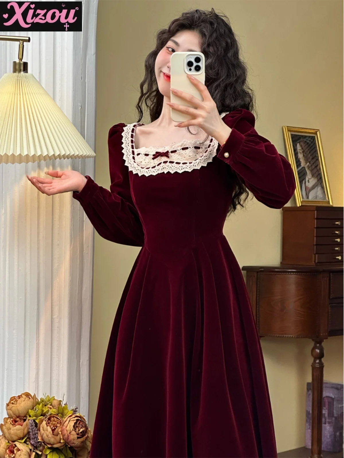 

Christmas Jacquard Burgundy Velvet Dress Female Autumn Winter Long Sleeves Retro Sweet Lolita French Temperament Skirt for Women