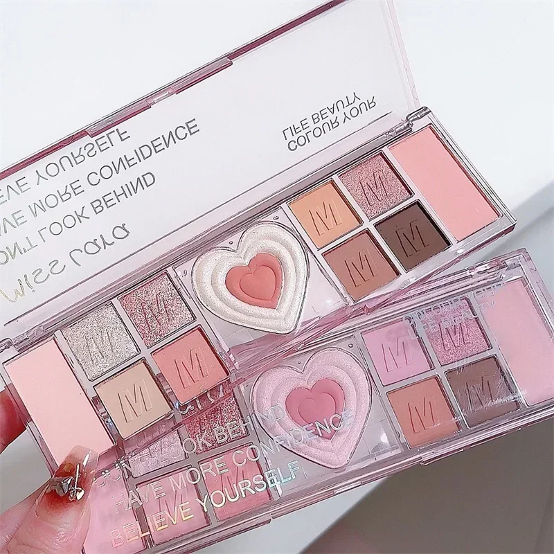 Sdotter 12Colors Love Heart Pink Eyeshadow Palette Natural Cool Tone Low Saturation Matte Eye Shadow Pallet Brown Korean Makeup