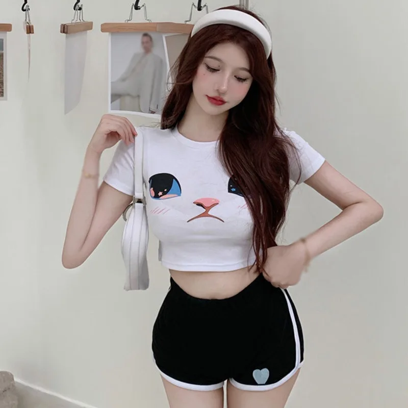  Tight Kawaii T Shirts For Women  Summer Sexy Kpop Anime Clothes Short T-shirt Sleeve Open Navel Female Student Crop Top