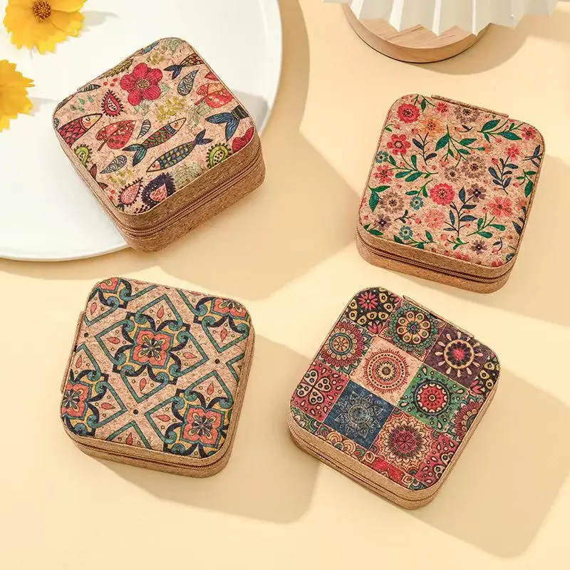 Cork Patterned Jewelry Box with Fashionable Retro Style Portable Travel Jewelry Storage Display Rings, Necklaces, Earrings