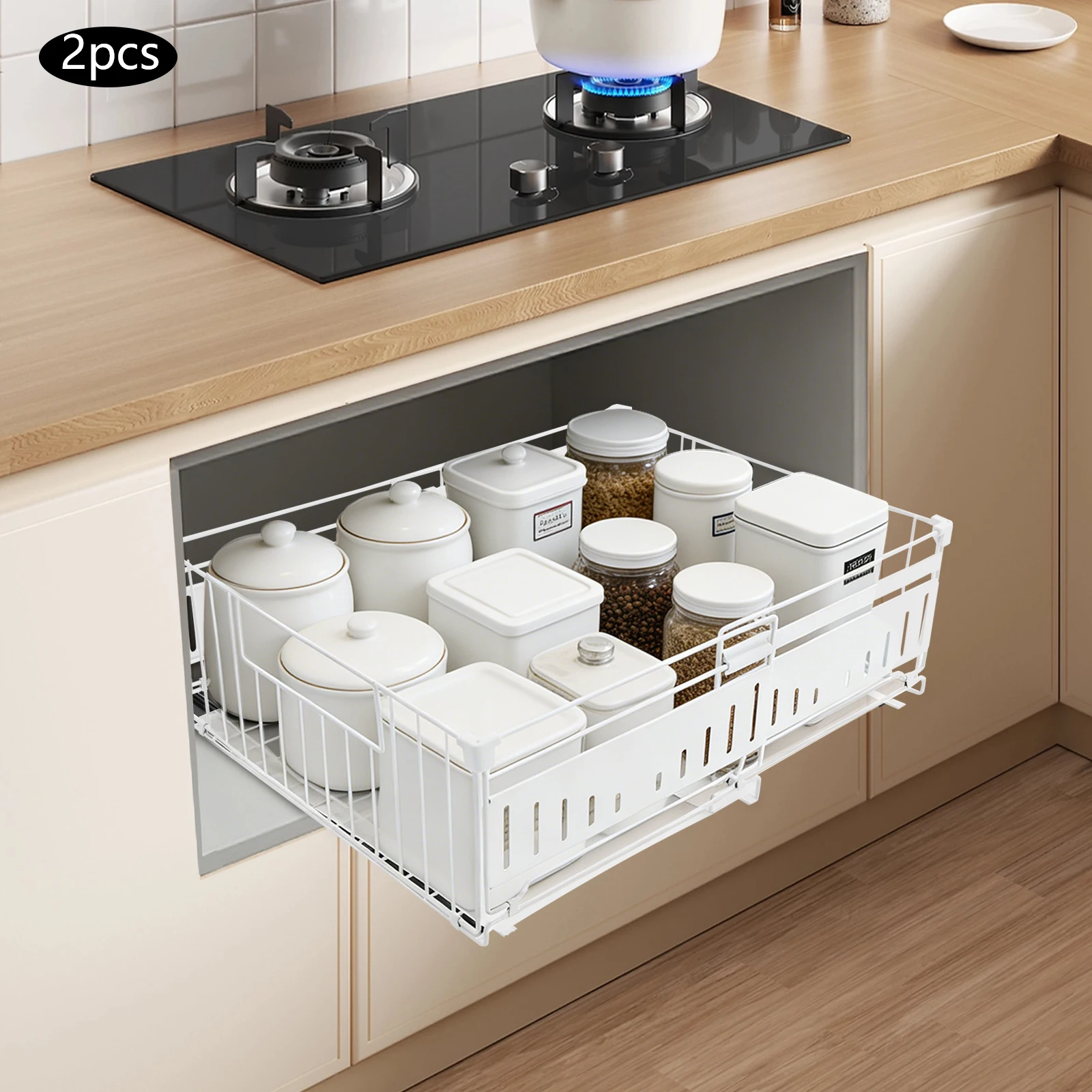 2 tiroirs télescopiques blancs, étagères de rangement extensibles pour armoires de cuisine, organisateur de placard coulissant pour cuisine