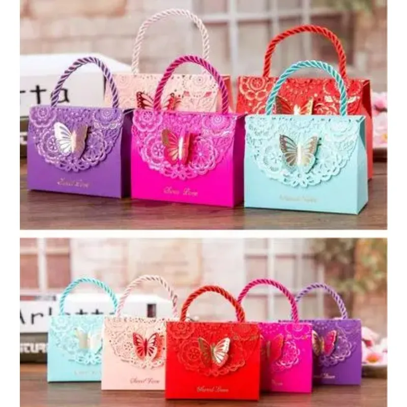 30pcs Blue purple Butterfly Flower Candy paper gift bag with handle Wedding favor Portable Gift paper Box wedding Party Favors