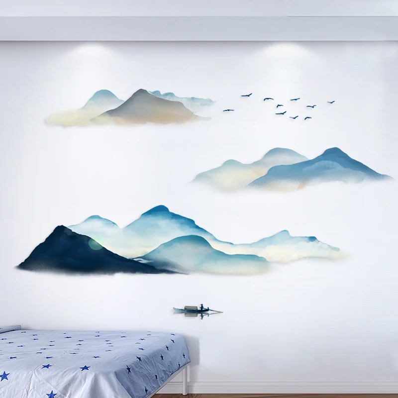 Ink Smudge Light Blue Mountain Background Wall Decoration Stickers Bedroom Bedside Chinese Artistic Conception Wall Stickers
