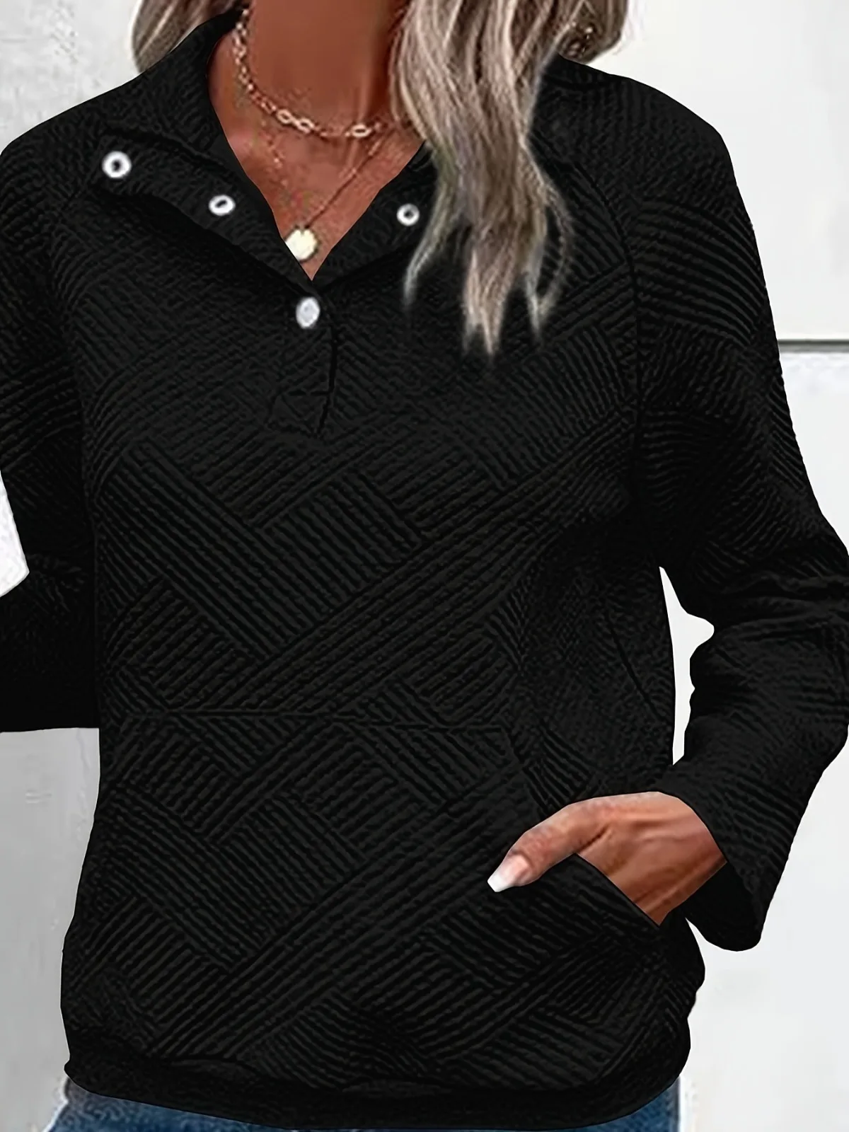 Neues Sweatshirt mit aufgesetzter Tasche, Knopfleiste und Revers, lässiges, lockeres Sweatshirt mit Rag-Shoulder-Langarm