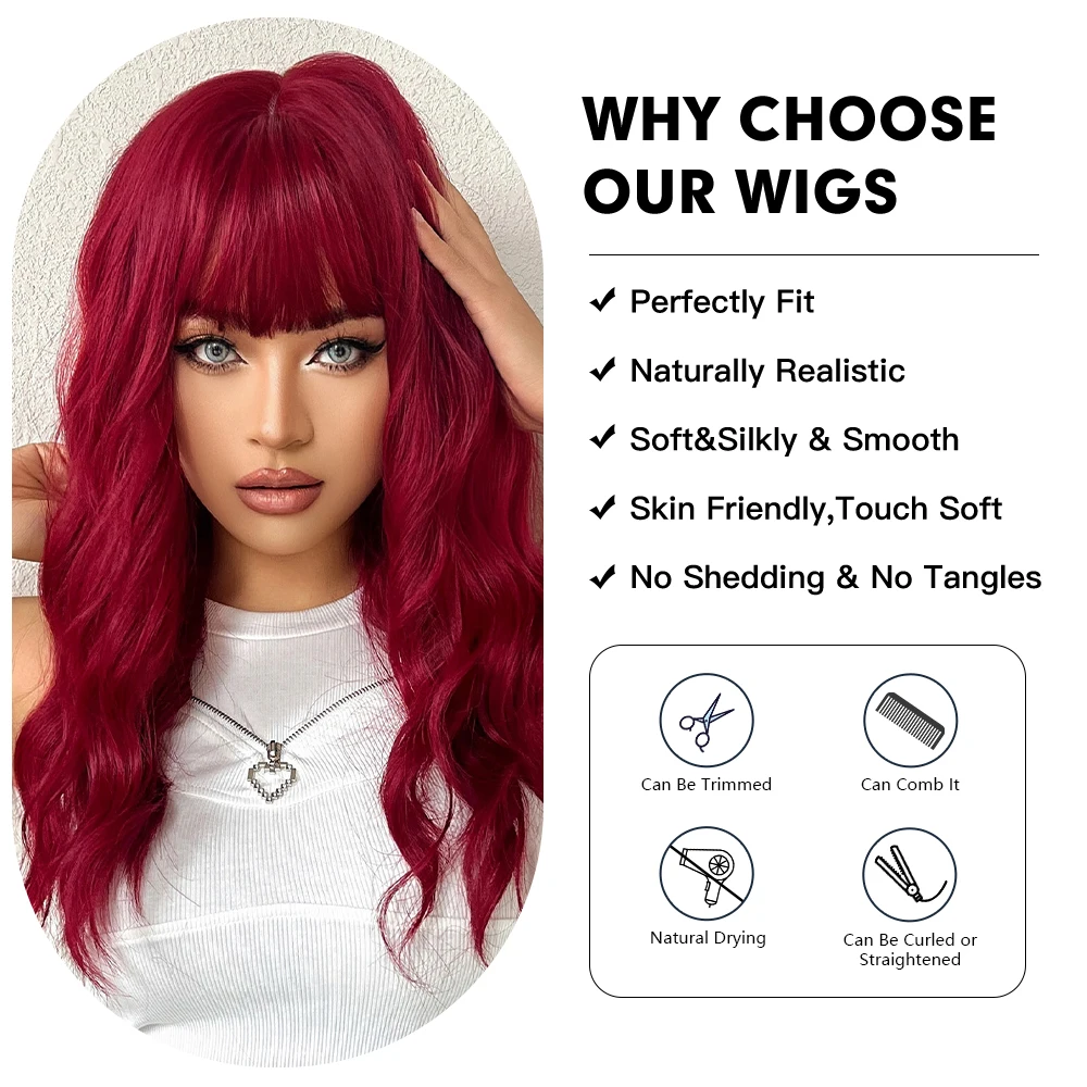 HENRY MARGU Red Water Wavy Synthetic Wigs Long Natural Red Wig with Bangs Red Color Party Costume Hair Heat Resistant Daily Wig