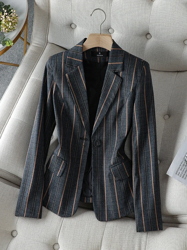 Stripe Women Suit Blazer Long Sleeve One Button Slim Coat Jacket Black Gray Elegant Business Work Wear Clothing 4XL Plus Size