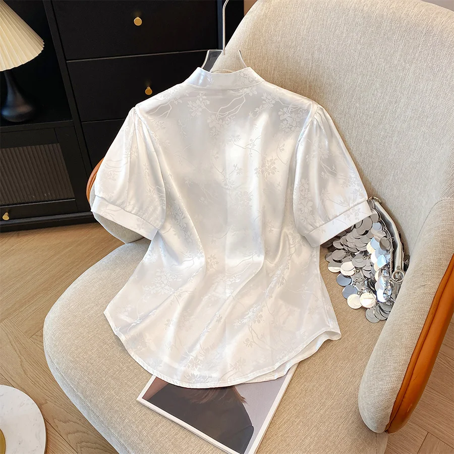 Handmade Chinese Style Satin Short Sleeve Lady's Top with Embroidery And Tassel Design Elegant Fashionable Women's Clothing