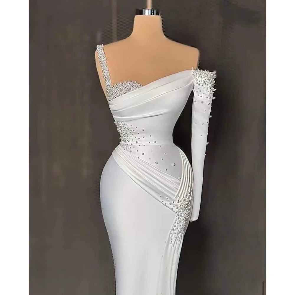 

Spaghetti Strapless White Prom Dresses Beading Pearls Satin Pleat Floor Length Special Occasion Evening Dress For Elegant Women