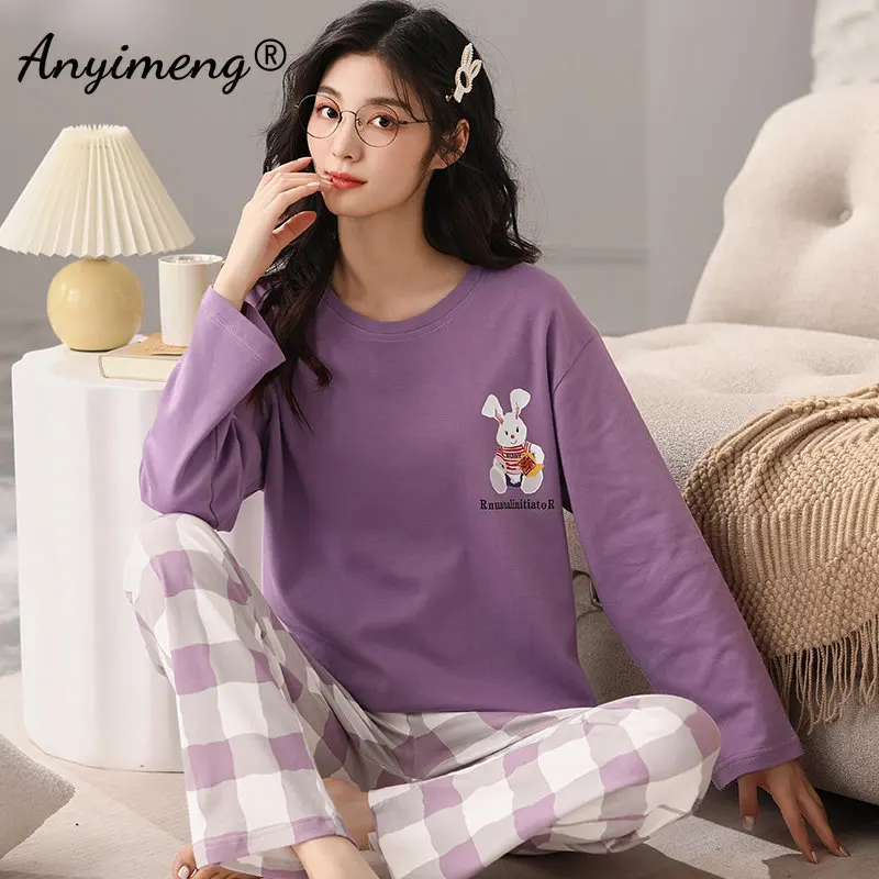 New Autumn Winter Trendy Pajamas Giraffe Printing Women Pijamas Round Collar Sleepwear Nightwear Cotton Loungewear for Girls