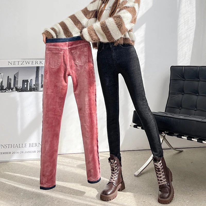 New Women Thermal Stretch Jeans Winter Warm Fleece Stretchy Lined Denim Pants Leggings Blue Black Female Slim Pants Trousers