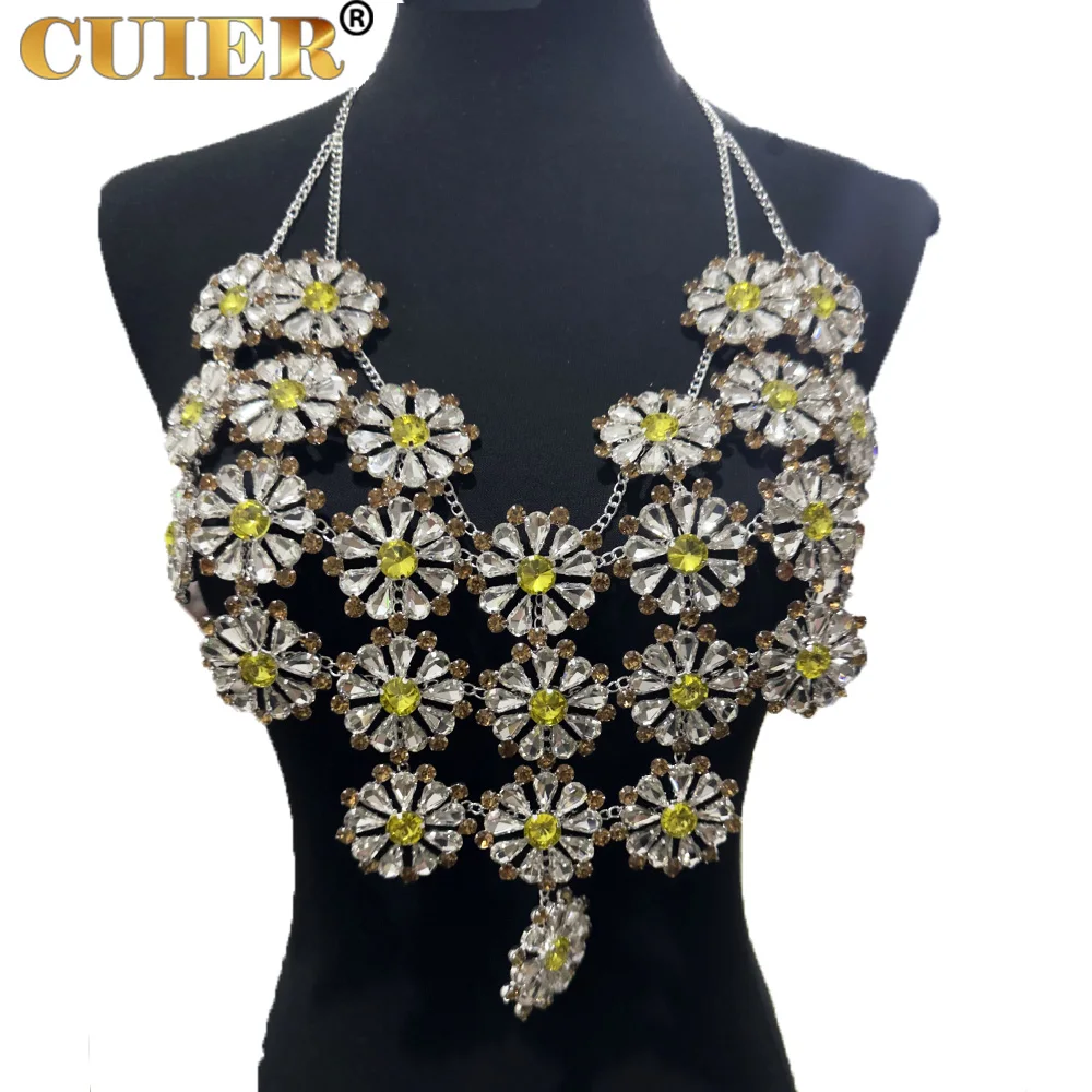 CUIER Weight 300g Crystal Flower Rhinestone Tops for Women Backless Sexy Body Chain Jewelry Bar Party Girls Dress Accessories