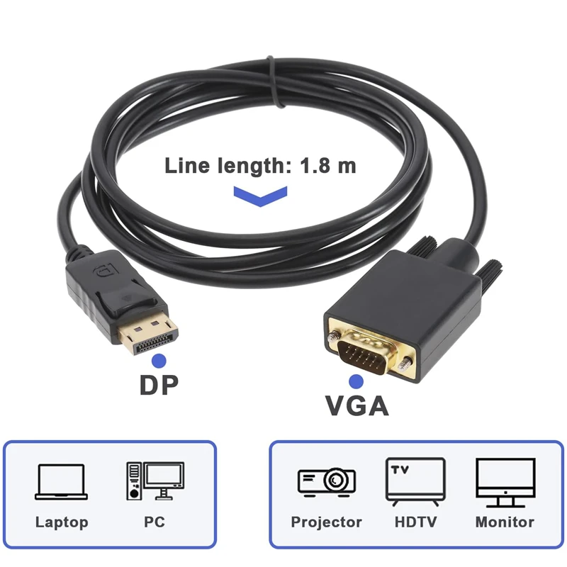 DP Male To VGA Male Cable Adapter Compatible with HP Elitebook Dell Laptop Desktop PC DisplayPort To VGA Converter Cord 1.8m