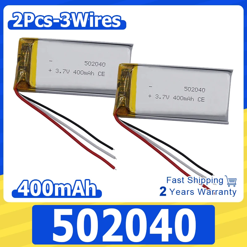 2pcs 3.7v 400mah 1.48Wh Rechargeable Li-polymer Li Lithium Battery 502040 Thermistor 3-wires For GPS Bluetooth Speaker Headset