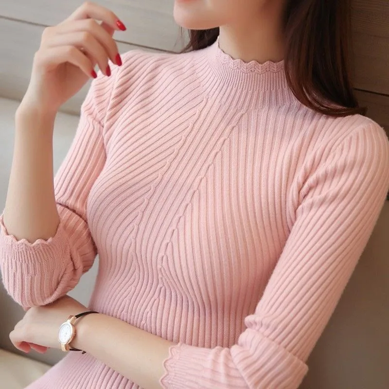 

2023 Autumn Women Mock Neck Ruffles Sweater Long Sleeve Knitted Bottoming Solid Pullovers Stripe Women Casual Sweater Winter