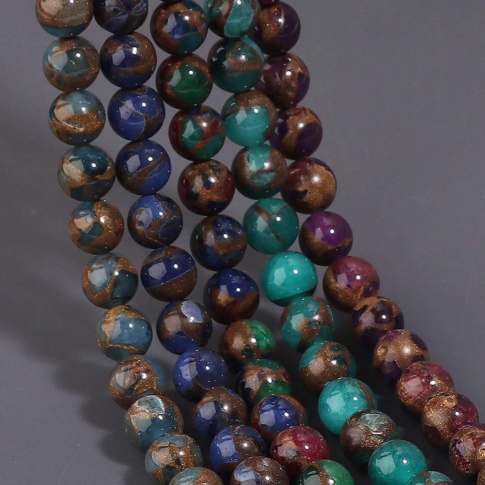 32–90 Stück bunte runde goldfarbene Steinperlen, Natursteinperlen, lose Perlen für die Schmuckherstellung, DIY-Armbänder, Zubehör – Detail 6