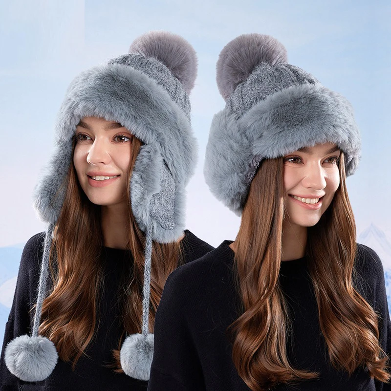 

Winter fleece-lined warm woolen hat with pom-pom knitted cap large head circumference cold-proof ear protection hat