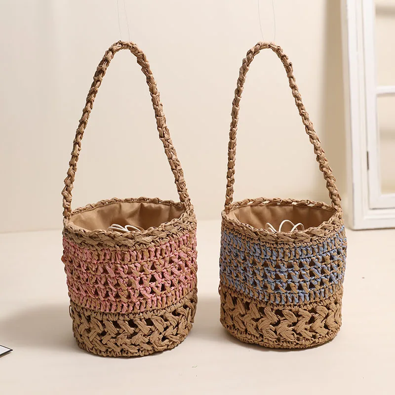 

French Single-shoulder Bucket Straw Bag Hand-woven Pull-string Design Women's Summer Bohemian Bali Travel Vacation Beach Bag