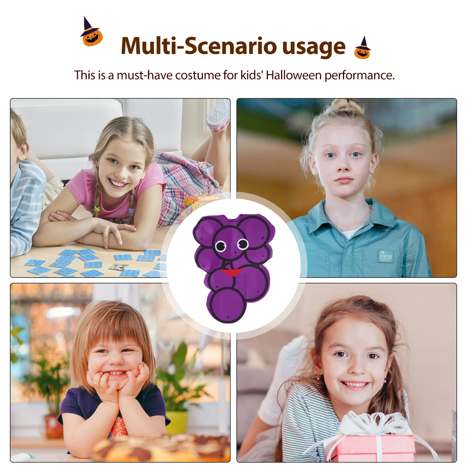 1 Juego de disfraz de uva de Halloween para niños, diseño encantador, disfraz de personaje de espectáculo de mascarada, disfraz de Halloween púrpura