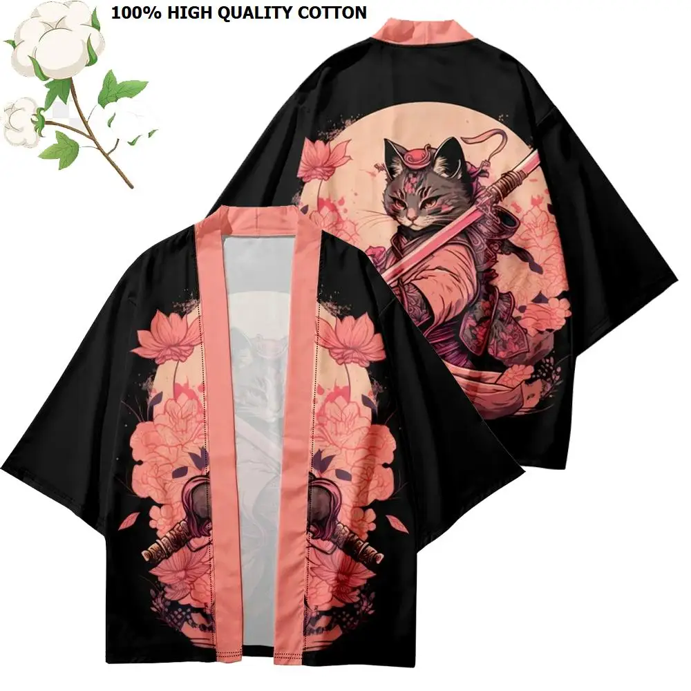 حار بيع ثوب الكيمونو الياباني يوكاتا القط طباعة قميص جودة عالية 100% ملابس قطنية Harajuku سترة التقليدية هاوري كيمونو