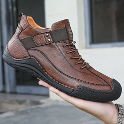 Botas de cuero hechas a mano para hombre, zapatos informales de diseñador de moda, botines de cuero para caminar, transpirables