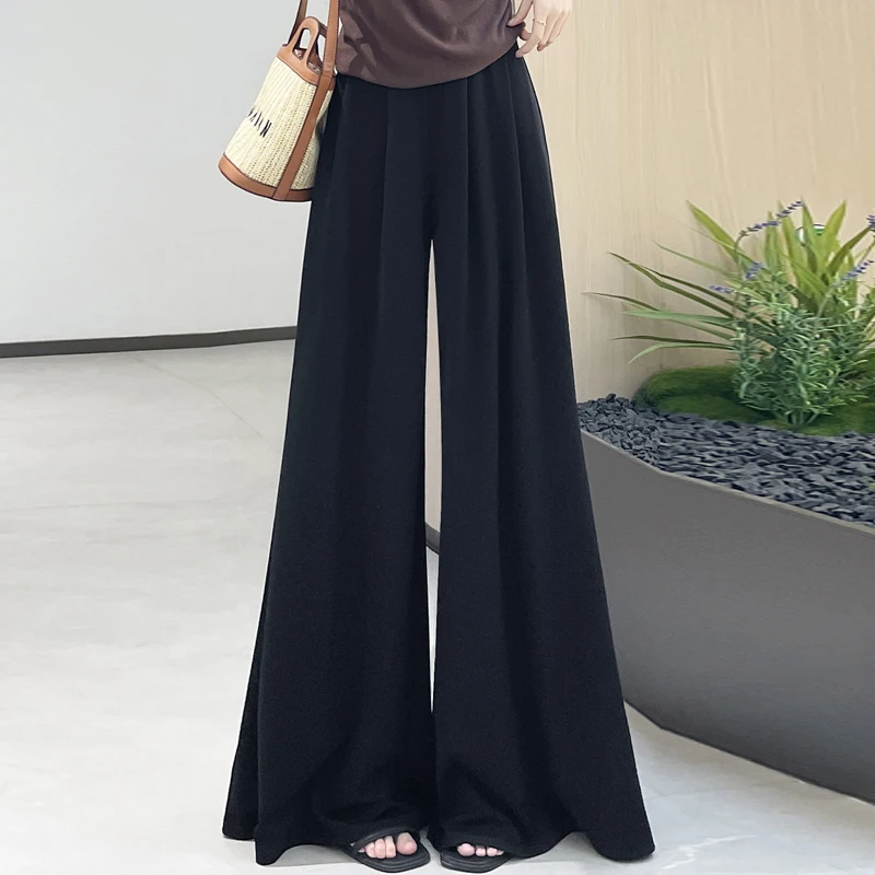 

Korean style black wide leg pants for women's summer new high-end fashion plus size elastic waist hanging casual bell bottom pan