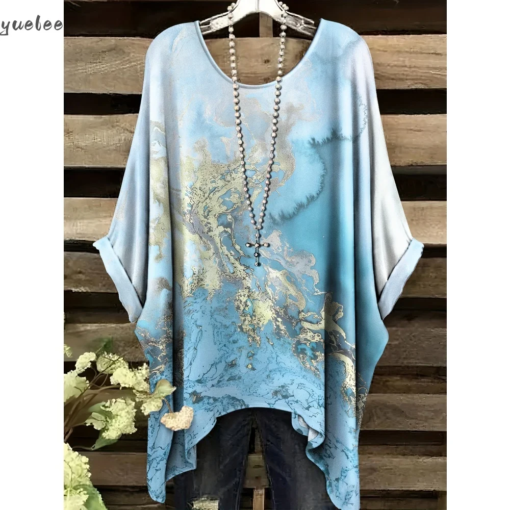 

Summer Imitation Denim Fabric Tie-Dye Pattern Printing Irregular Hem O-Neck Women's Short Sleeve Outdoor Casual Woman Clothing