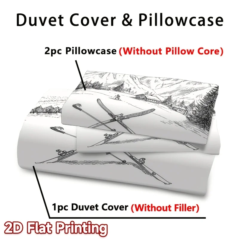 Christmas Duvet Cover Set Mountain Skiing Adventure Scene 100% Polyester Material Ultra Soft Brushed Bedding for Bedroom Hotel Dormitory