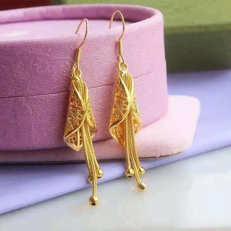 

Women's 24K Gold (AU999) Stylish Hollow Tri-Thread Tassel Earrings | Gold-inlaid stamen, hammered tassel with adjustable hook
