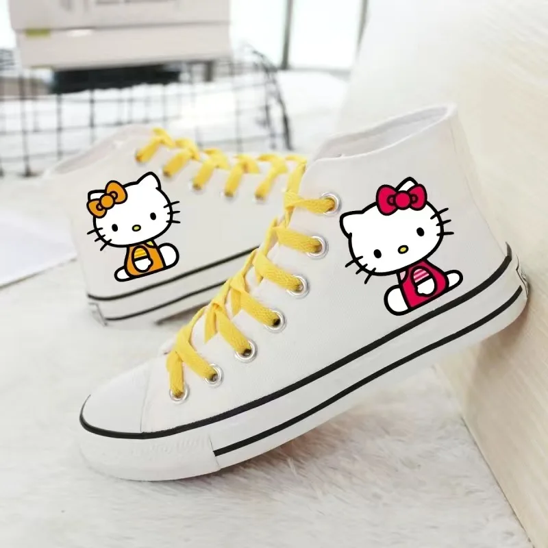 Hello Kitty White Printed High Top Unisex Sneakers Couple Small White Shoes Student Hand Painted Graffiti Canvas Shoes Zapatos