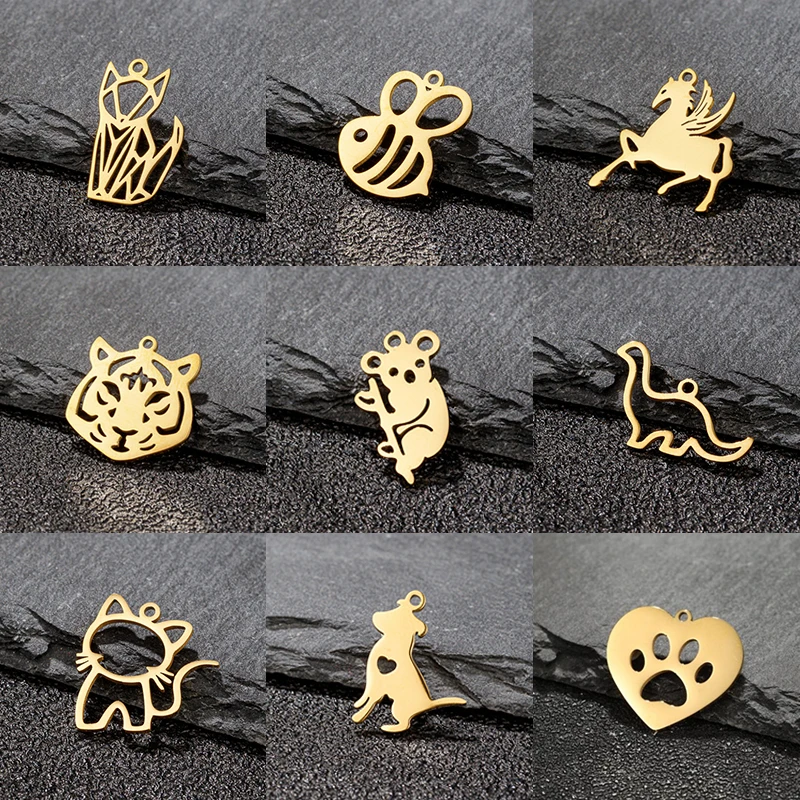 5pc/lot Cartoon Animal Charms Cat Bee Horse Tiger Koala Dinosaur Mini Stainless Steel Pendants for DIY Bracelet Necklace Making