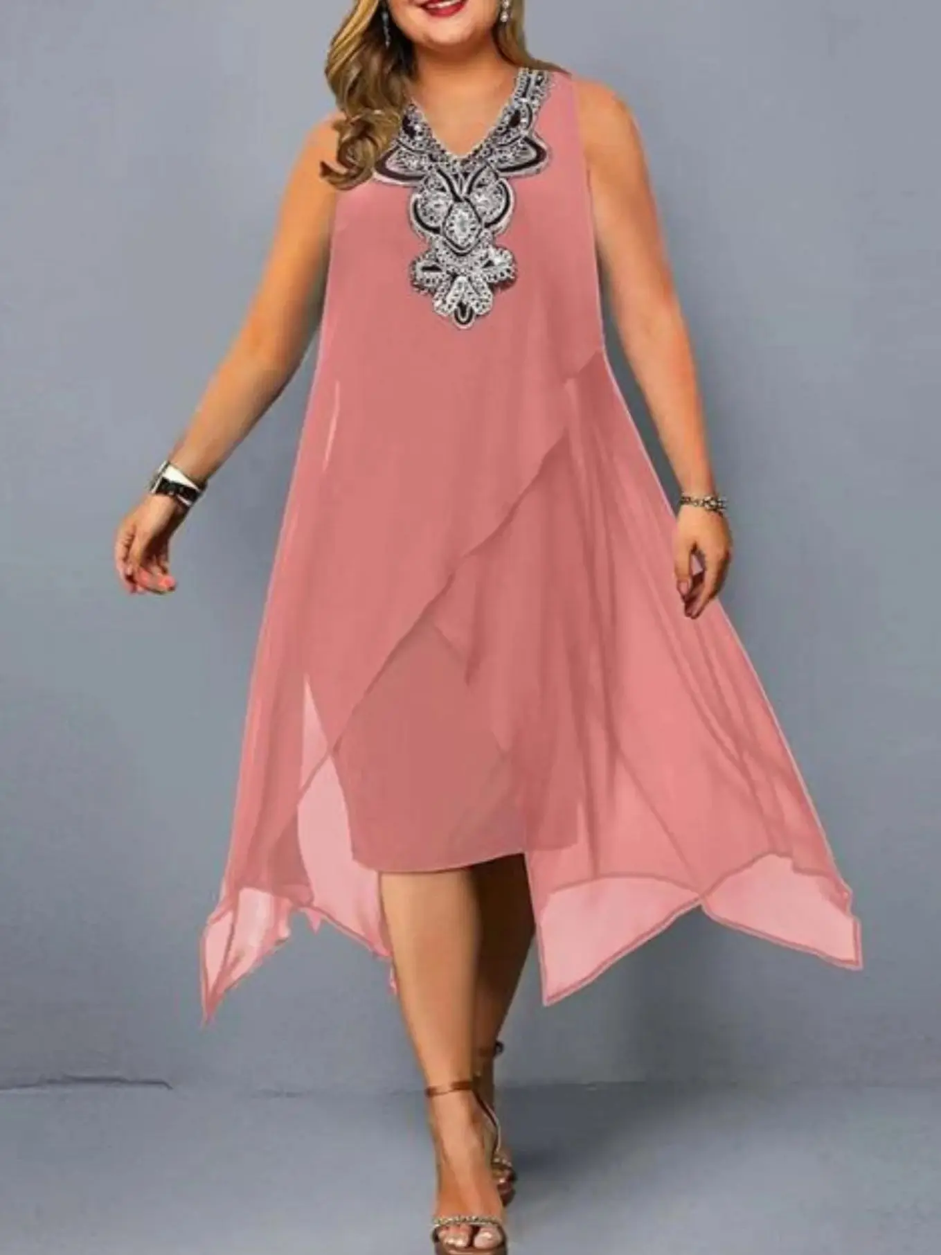 Abito taglie forti per donna Abito lungo sottile irregolare in rete elegante 2025 Abito da sera estivo casual senza maniche 2XL 3XL 4XL