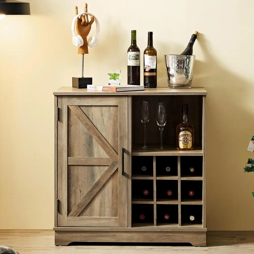 

Wine Bar Cabinet with Detachable Wine Rack, Farmhouse Coffee Bar Cabinet Modern Bar Cabinet with Barn Door, Sideboard and Buffet