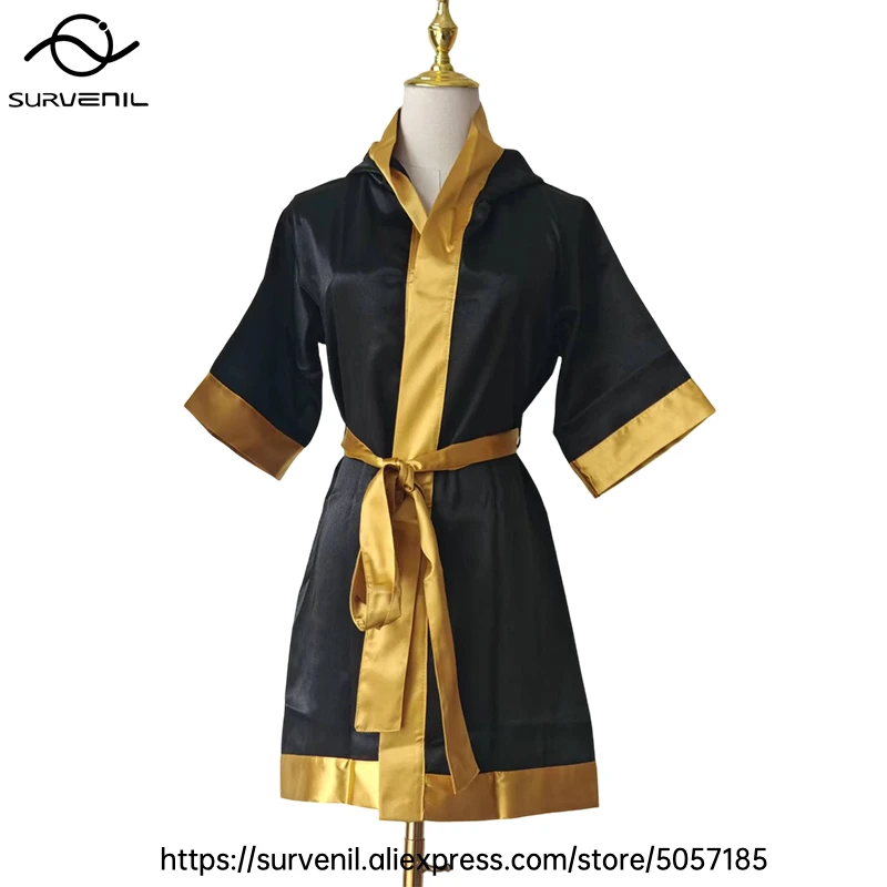 Black Gold Boxing Robe Women Men Kids Satin Fighter Entrance Gown Kickboxing Martial Arts Costume Muay Thai MMA Walkout Outfit