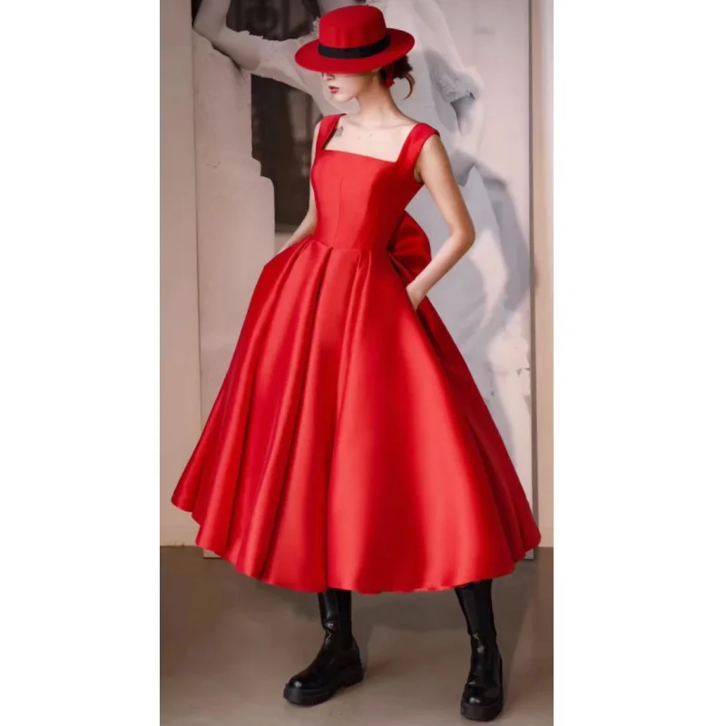 Red Women Ceremonial Dress Satin Solid With Bow Sleeveless For Wedding Evening Banquet Party Birthday Bridesmaid Gowns