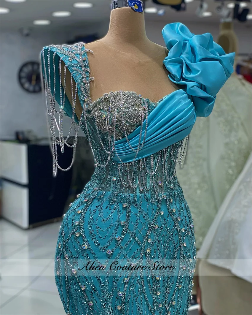 Sparkly Green Mermaid Dubai Evening Dresses Prom Gown Diamonds Beading Birthday Party Dress Vestidos De Noche Customized