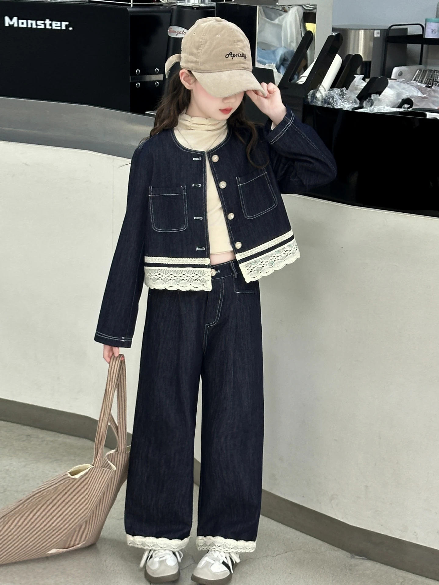 

Girls' Autumn Faionable Denim Set 2025 New Korean Sle Spring Autumn Jaet Wide Leg Pants Two Piece Set for Younger Women